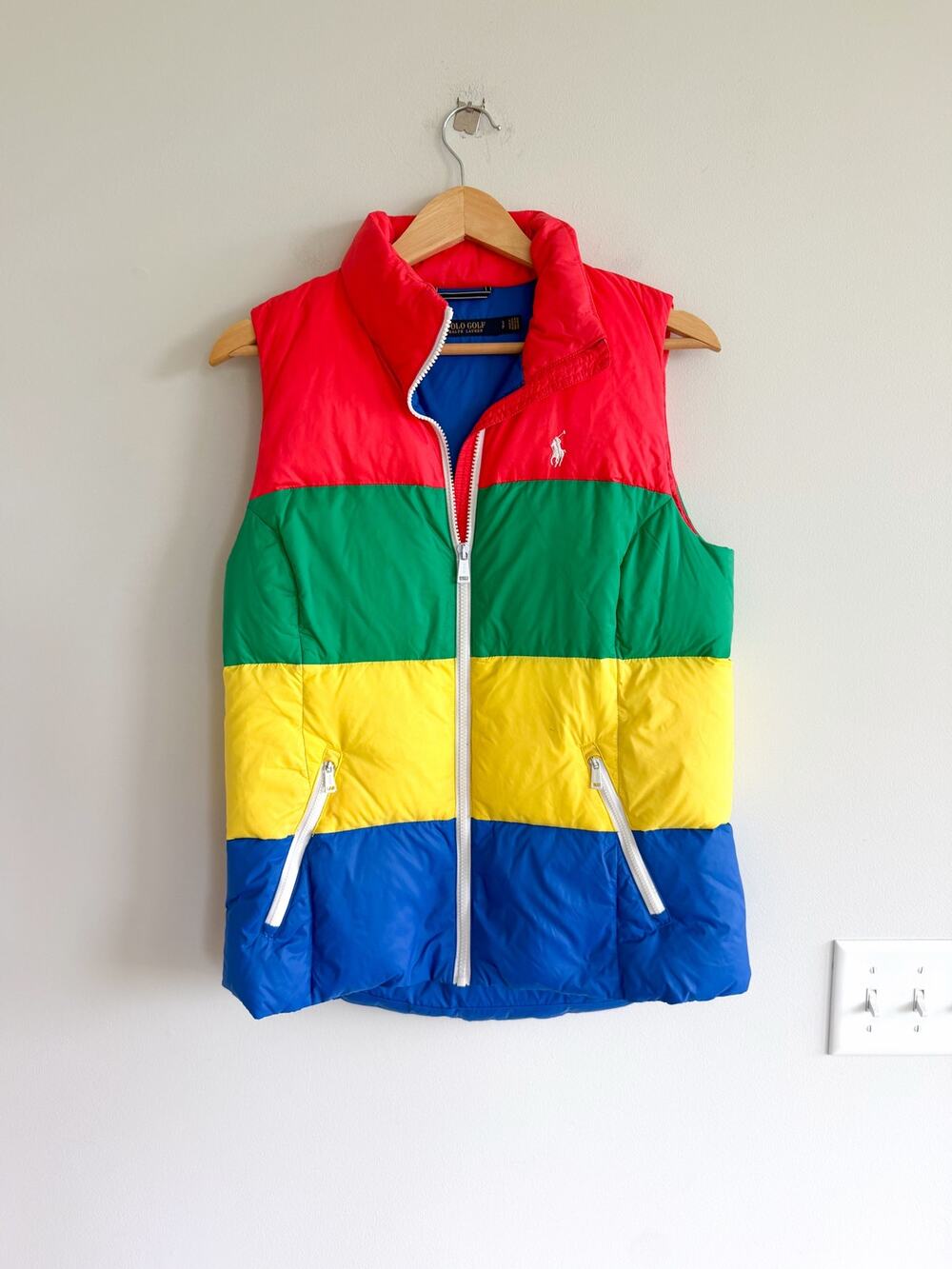 Polo Golf Ralph Lauren Colorblock Zip Up Mock Neck Puffer Vest Red Green S